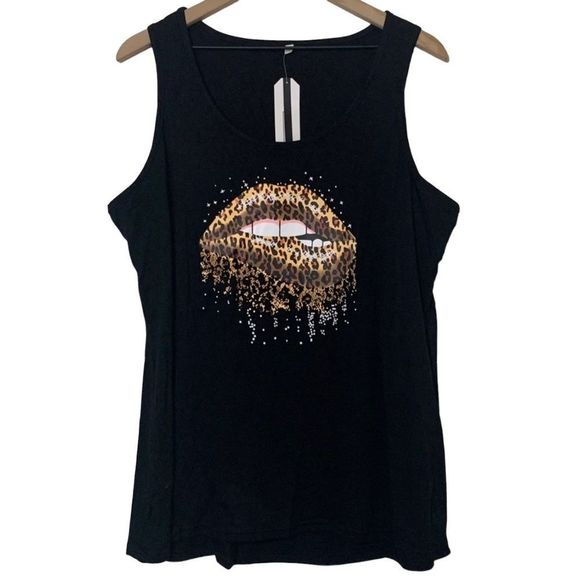 Black Animal Print Lip Bite Graphic Print Cotton Blend Tank Top Women’ 2XL - Picture 3 of 7